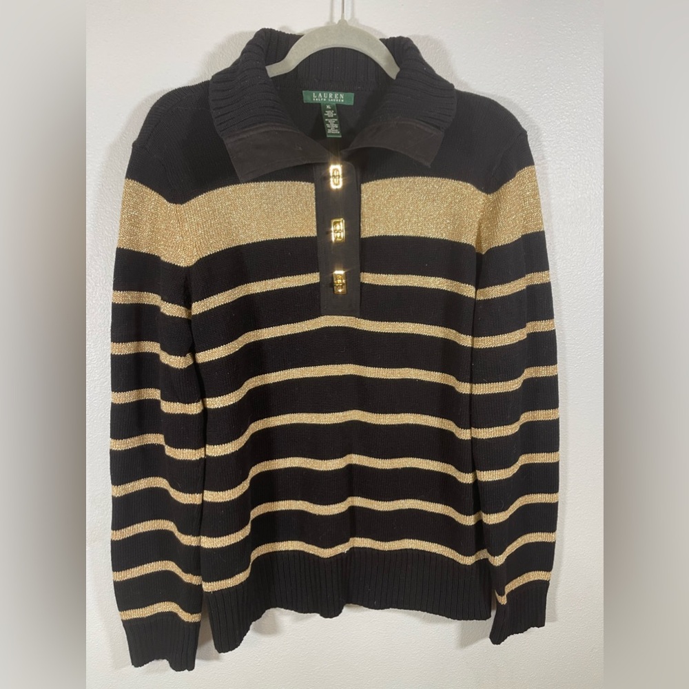 Lauren Ralph Lauren Cotton Blend Black Gold Stripe Pullover Sweater Size XL